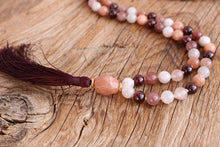 Load image into Gallery viewer, 108 Mala Moonstone Raspberry Quartz Lace Agate Garnet Handmade Boho Tassel Necklace. Handmade Yoga Sacred Jewelry. Yoga gift for her.