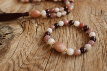 Load image into Gallery viewer, 108 Mala Moonstone Raspberry Quartz Lace Agate Garnet Handmade Boho Tassel Necklace. Handmade Yoga Sacred Jewelry. Yoga gift for her.