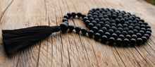 Load image into Gallery viewer, 108 Mala Black Golden Obsidian, Lava Stone Mala, Royal Obsidian, Cotton Tassel. Vegan Unisex Mala.