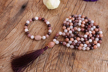 Load image into Gallery viewer, 108 Mala Moonstone Raspberry Quartz Lace Agate Garnet Handmade Boho Tassel Necklace. Handmade Yoga Sacred Jewelry. Yoga gift for her.