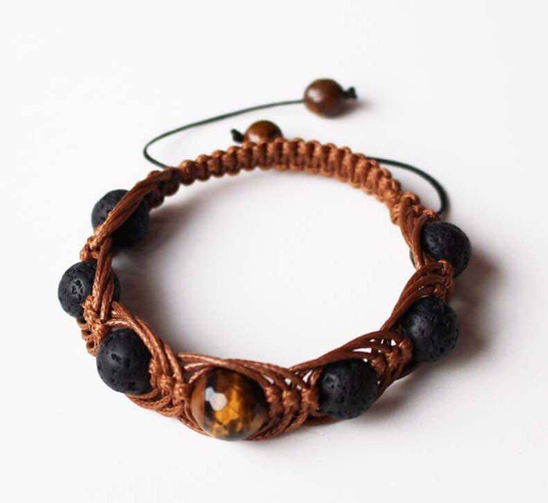 Tiger Eye and Black Lava Stone Shambhalla knitted bracelet