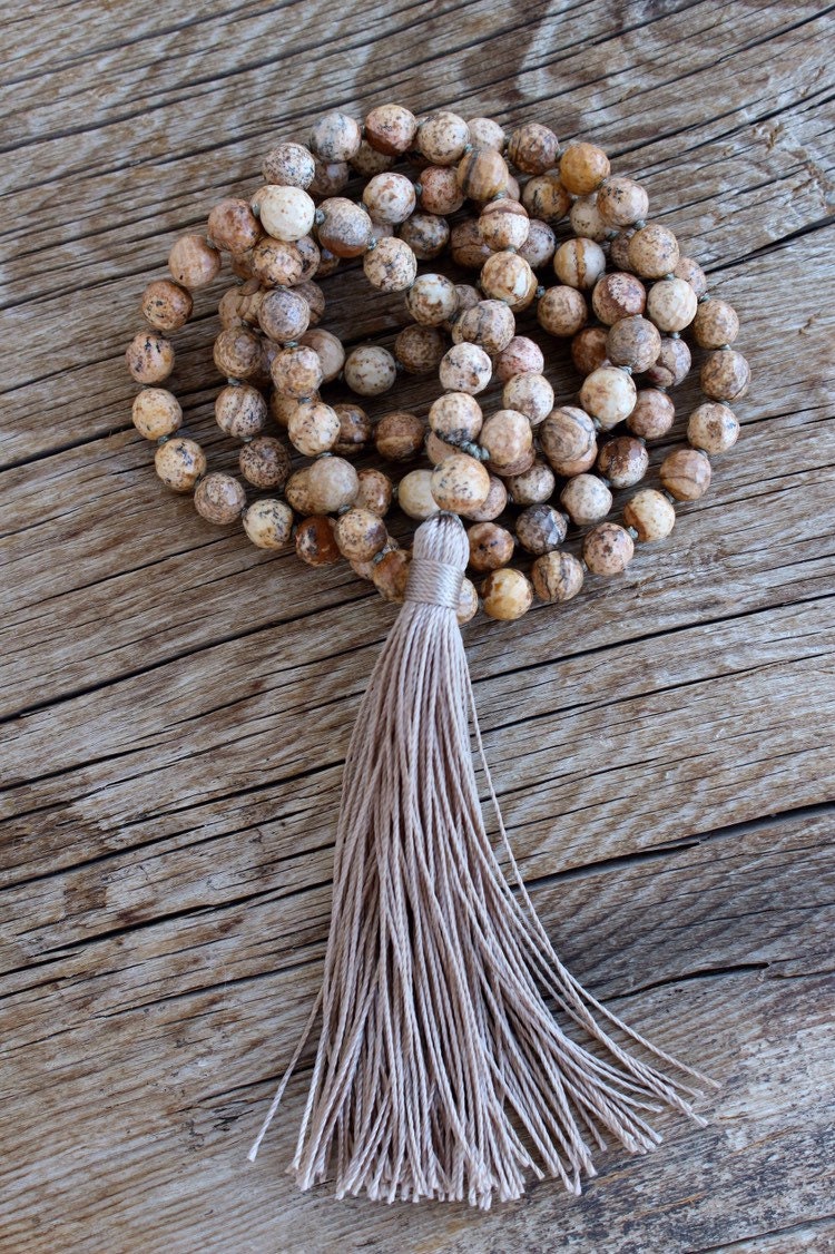 108 Sand Jasper Yoga Mala,  Boho Style Necklace. Vegan mala.