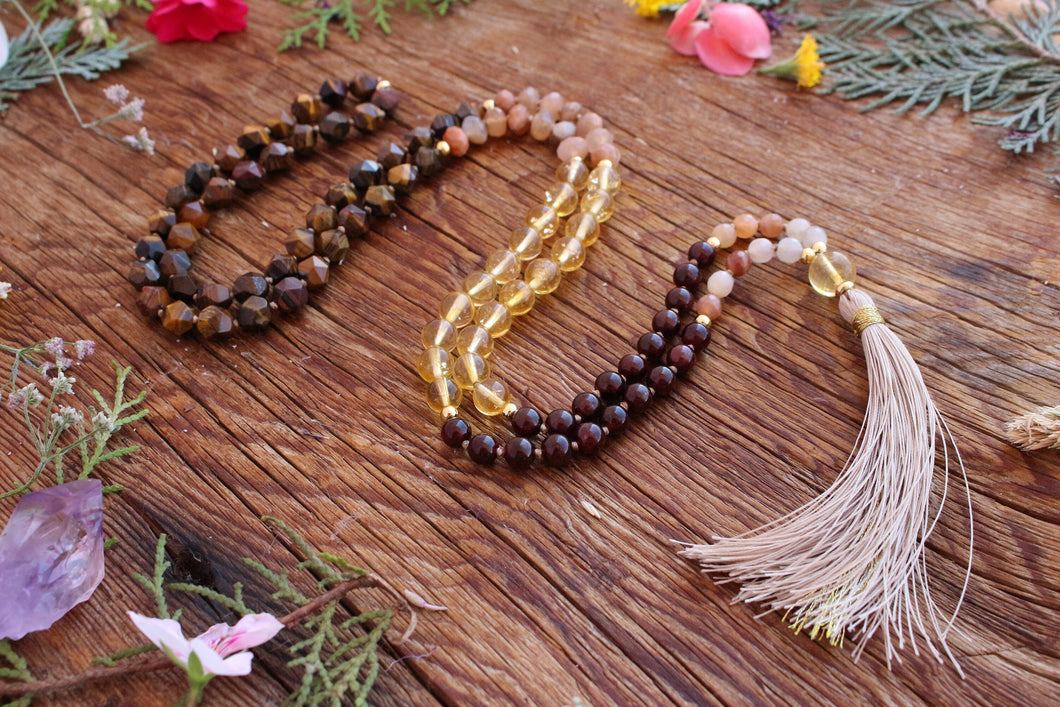 Goddess Mala Necklace with Tiger eye Moonstone Garnet Citrine Mala Beads, 108 Mala Prayer Beads