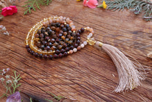 Load image into Gallery viewer, Goddess Mala Necklace with Tiger eye Moonstone Garnet Citrine Mala Beads, 108 Mala Prayer Beads
