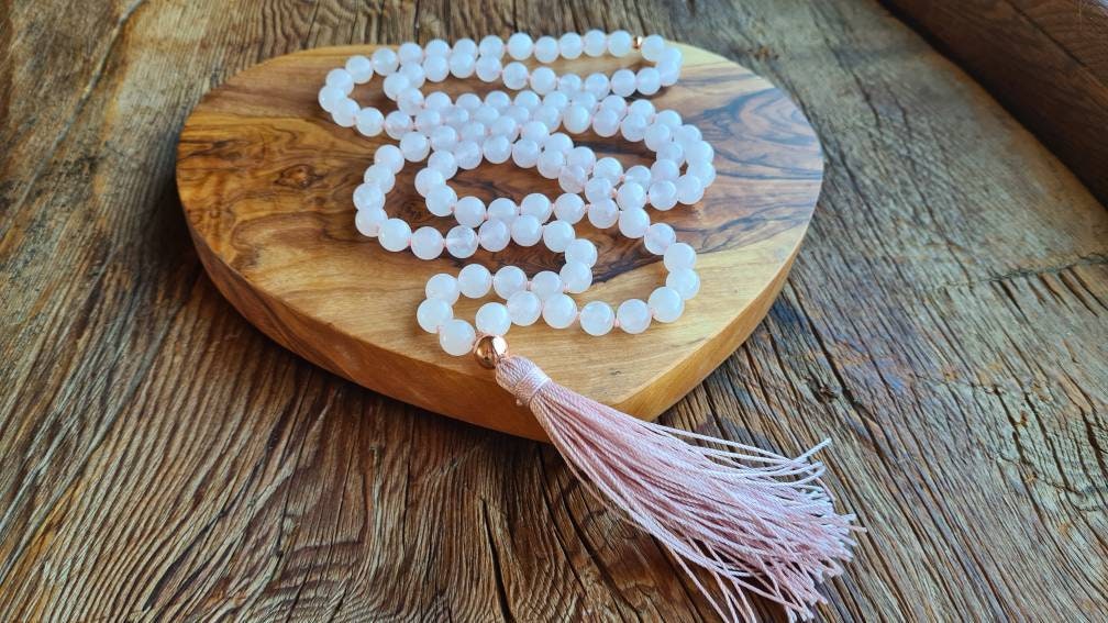 108 Rose Quartz Mala Necklace Bohemian Long Τassel Vegan Μala Meditation Yoga Gift for her