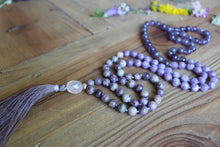 Load image into Gallery viewer, 108 Amethyst Lepidolite Purple Flower Jasper Rose Quartz Mala| Yoga Mala Bohemian Necklace | Handmade Vegan Tassel Mala| Yoga gift for Her
