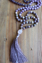 Load image into Gallery viewer, 108 Amethyst Lepidolite Purple Flower Jasper Rose Quartz Mala| Yoga Mala Bohemian Necklace | Handmade Vegan Tassel Mala| Yoga gift for Her
