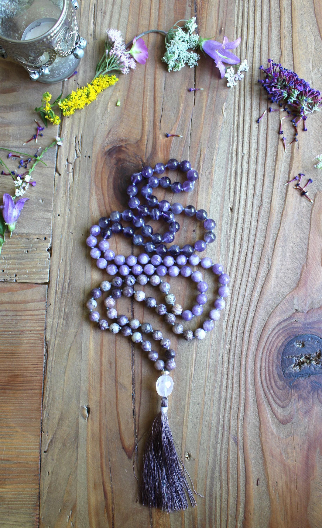 108 Amethyst Lepidolite Purple Flower Jasper Rose Quartz Mala| Yoga Mala Bohemian Necklace | Handmade Vegan Tassel Mala| Yoga gift for Her