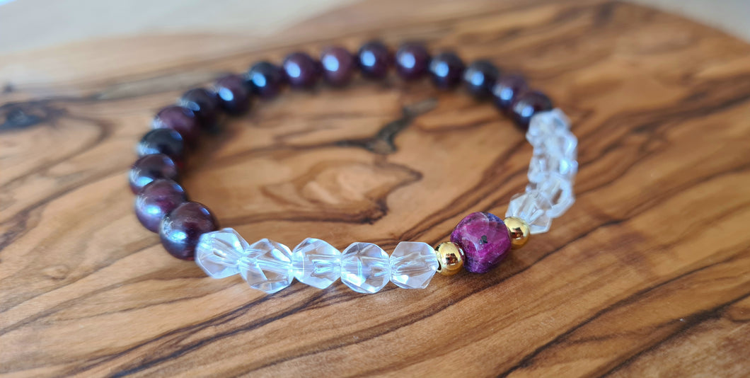 Garnet, Ruby, Clear Quartz Bracelet. January's stones in 6mm beads.