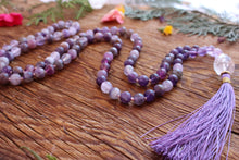 Load image into Gallery viewer, 108 Amethyst and Clear Quartz Mala. Bohemian Long Tassel Necklace.
