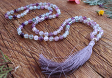 Load image into Gallery viewer, 108 Rainbow Fluorite, Sterling silver Lotus Mala. Yoga jewelry for meditation.
