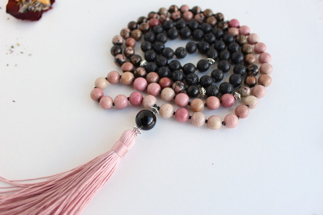 108 Mala Pink Black Rhodonite, Lava Stone Golden Sheen Obsidian Mala, Hand knotted Prayer Beads , Handmade Long Tassel. Meditation Beads.