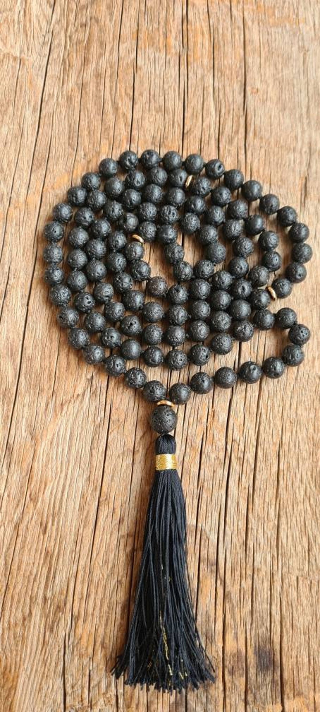 108 Mala Black Lava Stone, Yoga Spiritual Necklace, Bohemian Long Tassel Necklace, Grounding Mala, Spiritual Jewelry