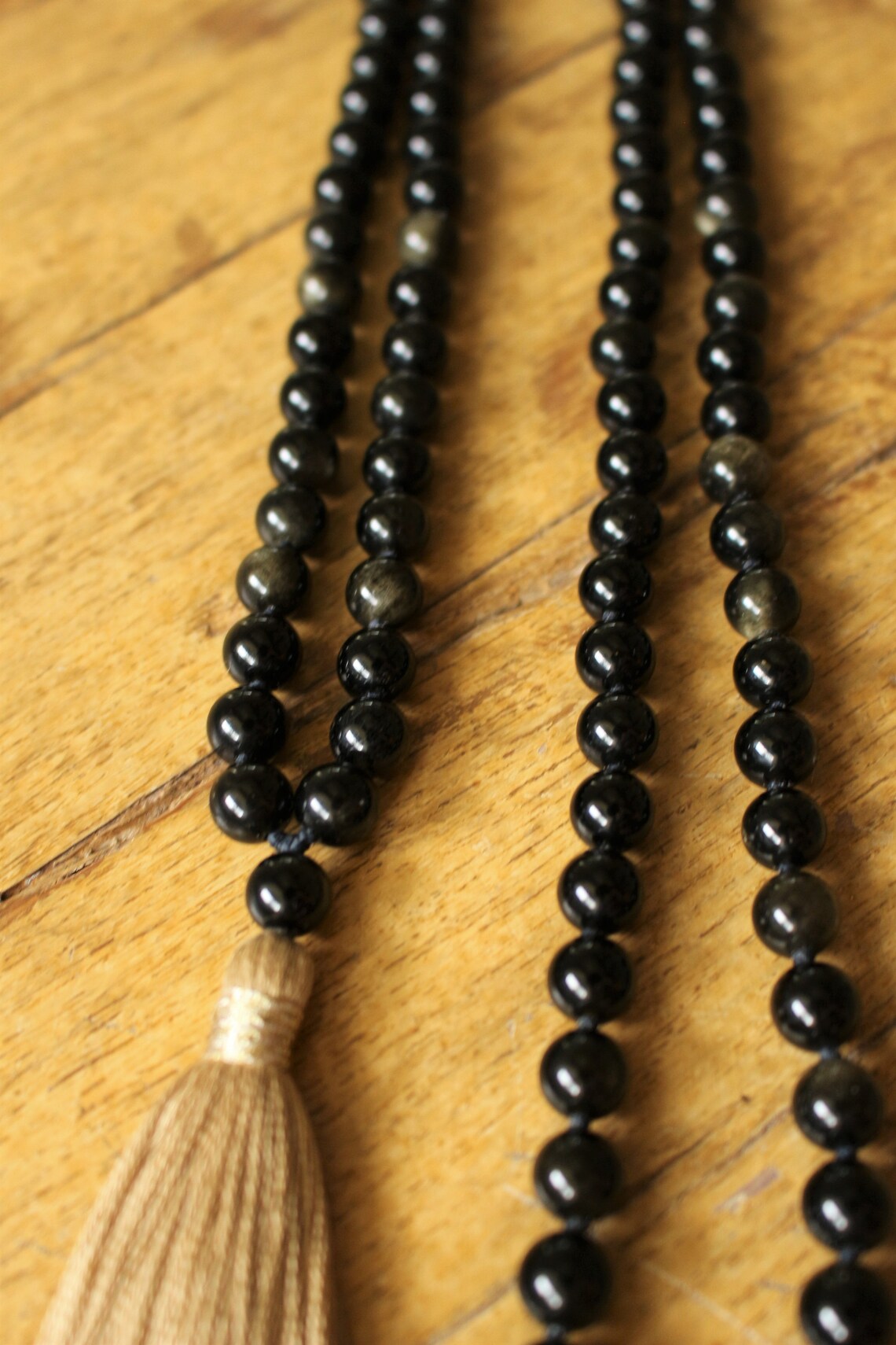 Golden OBSIDIAN & Grey QUARTZ 6MM Hand-Knotted Tassel MALA Necklace: Mantra, Meditation, popular Affirmation, Intention, Yoga. Traditional 108 Beads