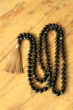 Load image into Gallery viewer, 108 Mala Black Golden Obsidian Mala, Royal Obsidian Yoga Necklace, Meditation Prayers Beads, Handmade Cotton Tassel. Vegan Unisex Mala.
