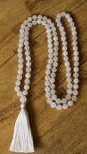 Load image into Gallery viewer, All White Mala, 108 Bead Snow Quartz Mala Tassel Necklace, Yoga Jewelry, Prayer Beads.
