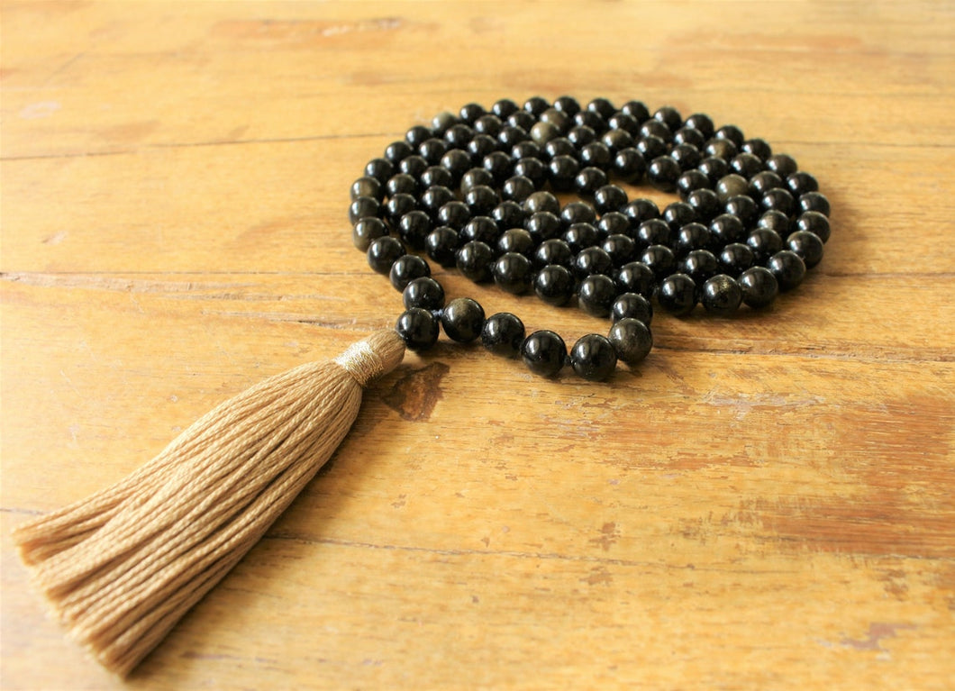 108 Mala Black Golden Obsidian Mala, Royal Obsidian Yoga Necklace, Meditation Prayers Beads, Handmade Cotton Tassel. Vegan Unisex Mala.
