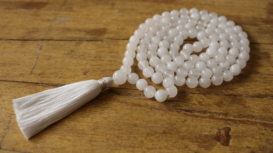 All White Mala, 108 Bead Snow Quartz Mala Tassel Necklace, Yoga Jewelry, Prayer Beads.