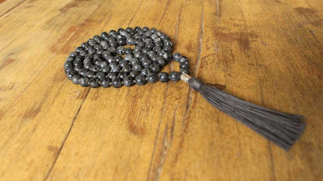 108 Mala Black Labradorite, Buddha's head Long Tassel, Hand knotted Necklace, Vegan Mala
