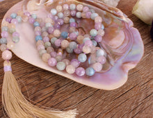 Load image into Gallery viewer, 108 Mala Aquamarine Moonstone Purple Jade Rose Quartz Yoga Mala. Bohemian Long Tassel Necklace. Vegan Mala
