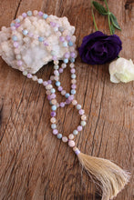 Load image into Gallery viewer, 108 Mala Aquamarine Moonstone Purple Jade Rose Quartz Yoga Mala. Bohemian Long Tassel Necklace. Vegan Mala

