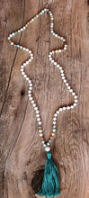 Load image into Gallery viewer, 108 beads lovingly hand-knotted mala. Made of white Lava stone, Amazonite and Love.
