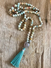 Load image into Gallery viewer, Amazonite, faceted Agate heart 108 Mala, Boho Necklace
