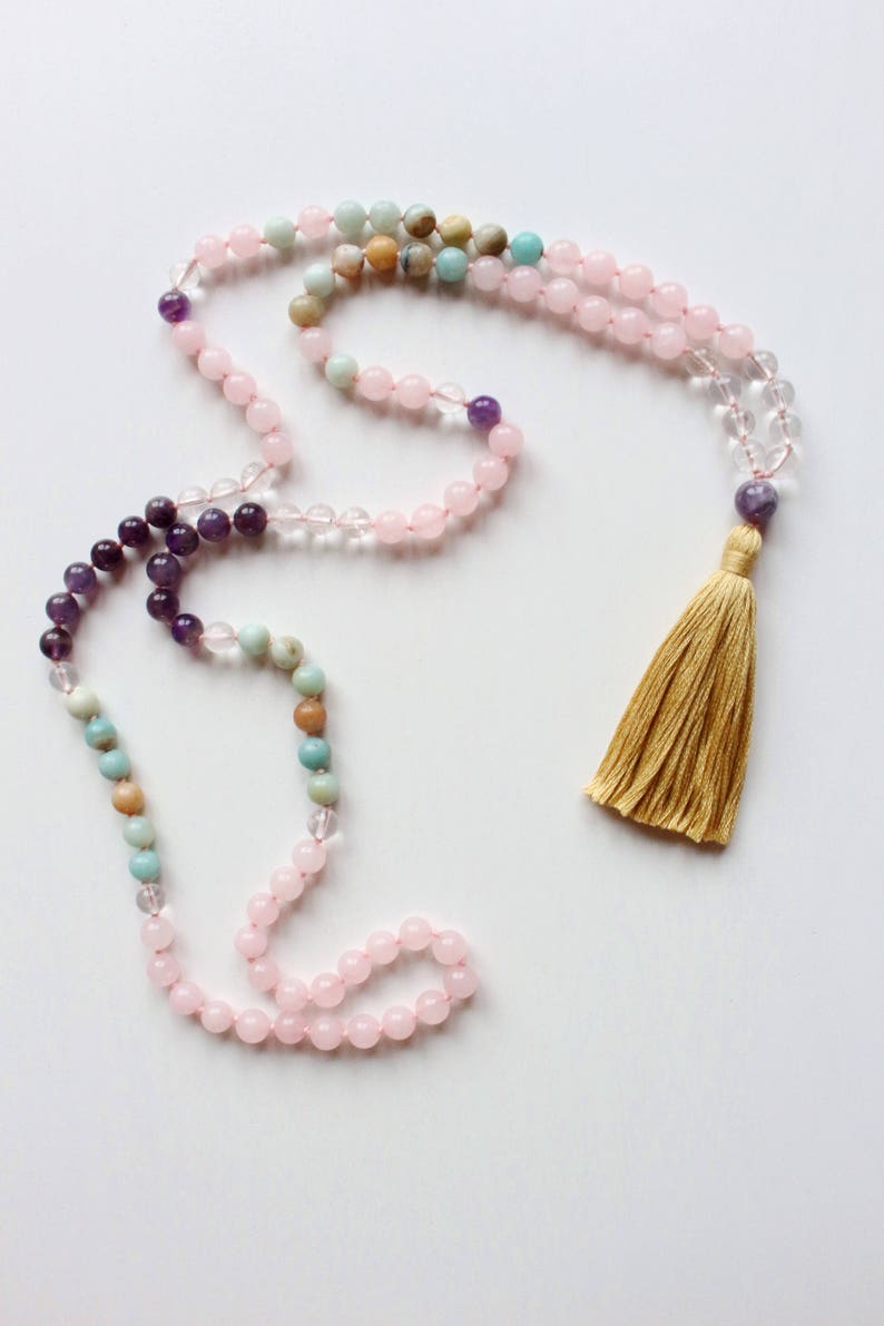 108 Rose Quartz, Amazonite, Amethyst, Mountain Crystal. Yoga Mala, Prayer beads. Vegan Mala, Boho Necklace