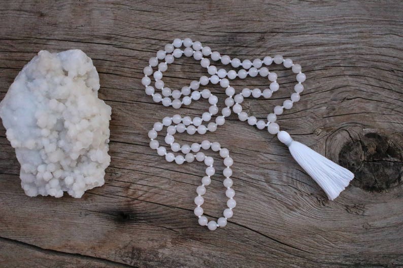 108 White Quartz Mala, Snow Quartz Tassel Necklace, Yoga Jewelry GIft, Prayer Meditation Beads, White Bohemian Necklace