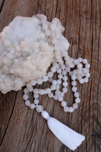 Load image into Gallery viewer, 108 White Quartz Mala, Snow Quartz Tassel Necklace, Yoga Jewelry GIft, Prayer Meditation Beads, White Bohemian Necklace
