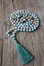 Load image into Gallery viewer, 108 Amazonite, A grade faceted 8 mm beads, lovingly hand knotted Yoga Mala. Long Cotton Tassel. Vegan mala.
