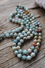 Load image into Gallery viewer, 108 Amazonite, A grade faceted 8 mm beads, lovingly hand knotted Yoga Mala. Long Cotton Tassel. Vegan mala.
