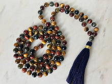 Load image into Gallery viewer, Tiger Eye Mala Necklace, 108 Japa Mala Buddhist Prayer Beads, Meditation Beads for Men, Hand knotted 8mm Stone
