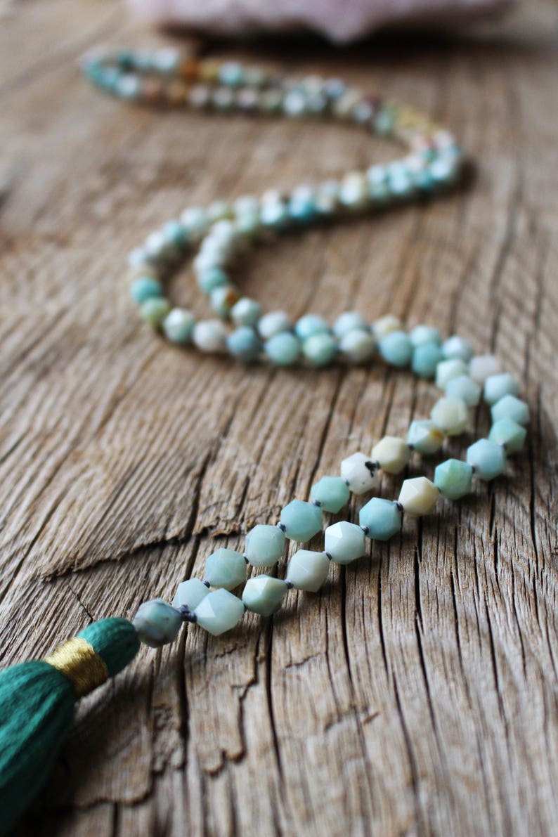 108 Amazonite, A grade faceted 8 mm beads, lovingly hand knotted Yoga Mala. Long Cotton Tassel. Vegan mala.
