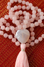 Load image into Gallery viewer, Rose Quartz Mala Prayer 108 beads, Agate Heart Guru Bead, Love Mala Bohemian Necklace, Yoga gift, Feminine Energy Necklace, Vegan Mala.
