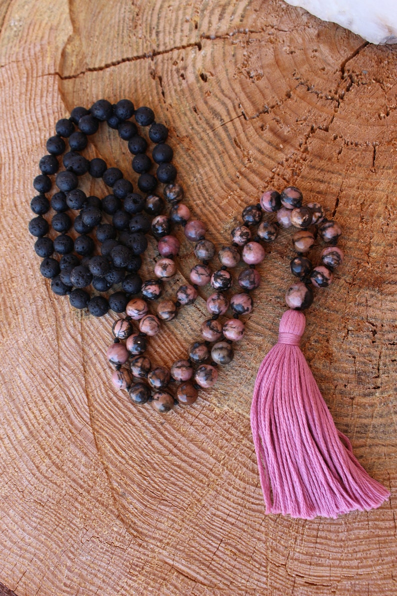 Pink Black Rhodonite and Lava Stone Mala. Hand knotted 108 beads Mala, Handmade Cotton Tassel. Vegan necklace .