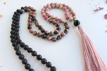 Load image into Gallery viewer, 108 Mala Pink Black Rhodonite, Lava Stone Golden Sheen Obsidian Mala, Hand knotted Prayer Beads , Handmade Long Tassel. Meditation Beads.
