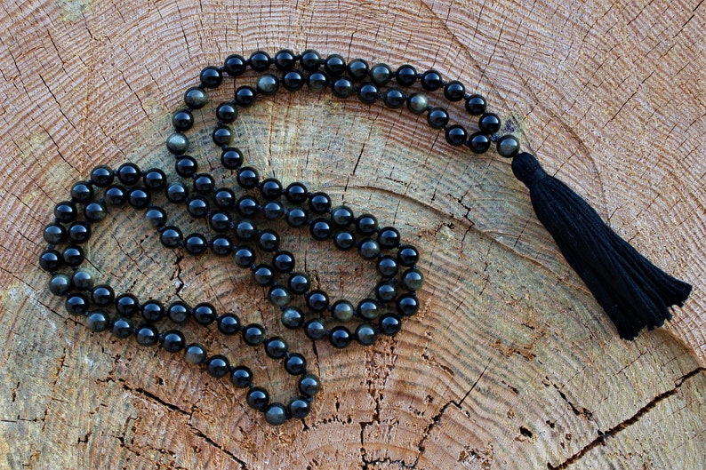 108 Black Golden Obsidian Mala, Top quality beads, Royal Obsidian , Cotton Tassel. Vegan Unisex Mala.
