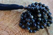 Load image into Gallery viewer, 108 Black Golden Obsidian Mala, Top quality beads, Royal Obsidian , Cotton Tassel. Vegan Unisex Mala.
