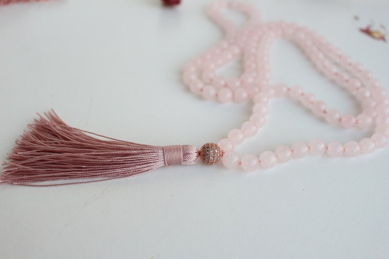 108 beads hand knotted Mala Necklace,made of Rose Quartz and Stainless Steel with Zirconium Guru Bead. Long tassel, Vegan mala.