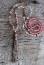 Load image into Gallery viewer, 108 Cherry Quartz Yoga Mala, hand knotted, finished with handmade long Tassel. Vegan Necklace
