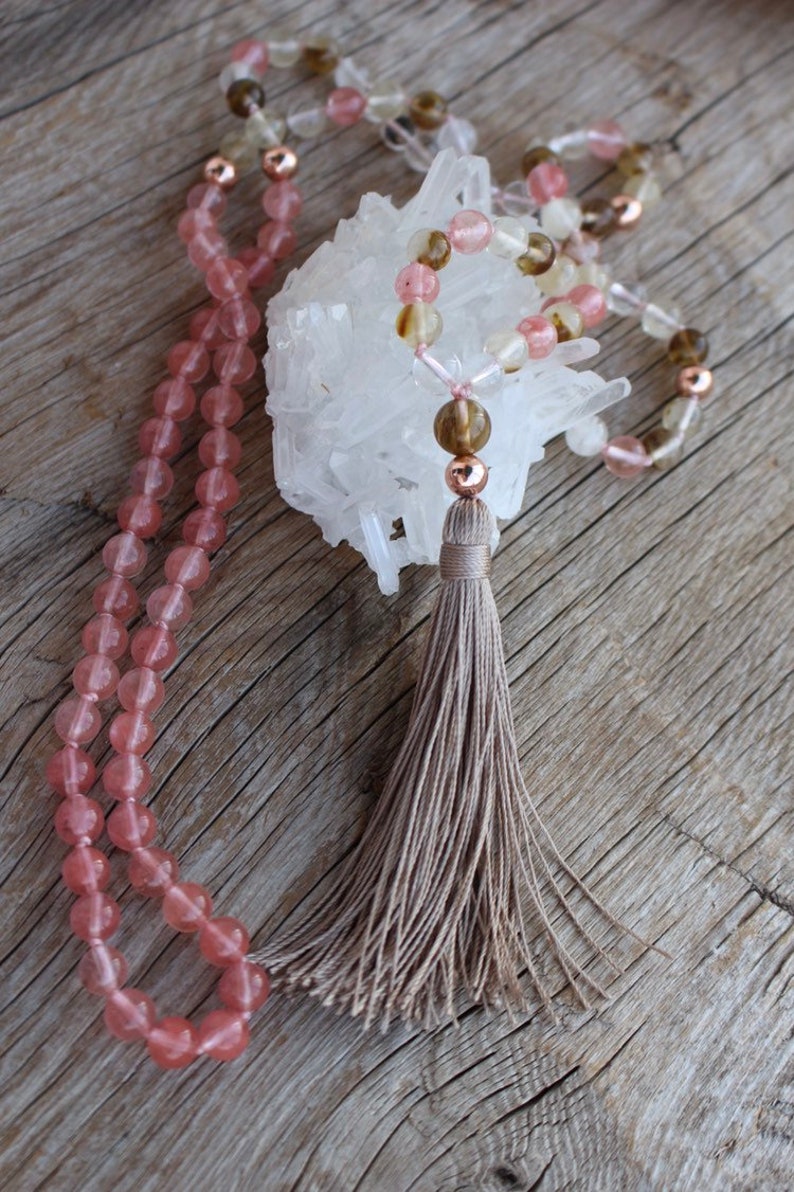 108 Cherry Quartz Yoga Mala, hand knotted, finished with handmade long Tassel. Vegan Necklace