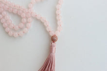Load image into Gallery viewer, 108 beads hand knotted Mala Necklace,made of Rose Quartz and Stainless Steel with Zirconium Guru Bead. Long tassel, Vegan mala.

