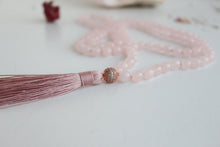 Load image into Gallery viewer, 108 beads hand knotted Mala Necklace,made of Rose Quartz and Stainless Steel with Zirconium Guru Bead. Long tassel, Vegan mala.
