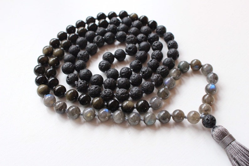 108 beads, Hand knotted Yoga Mala,Lava stone, AA grade Rainbow Labradorite, Royal Obsidian AA grade. Handmade Long Tassel. Vegan mala