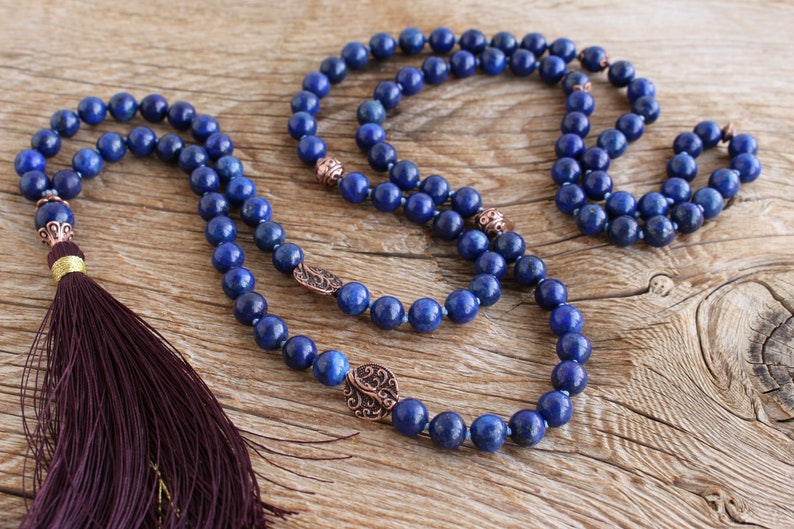 Lapis Lazuli Yoga Mala, 108 beads, Bohemian Necklace, Vegan mala