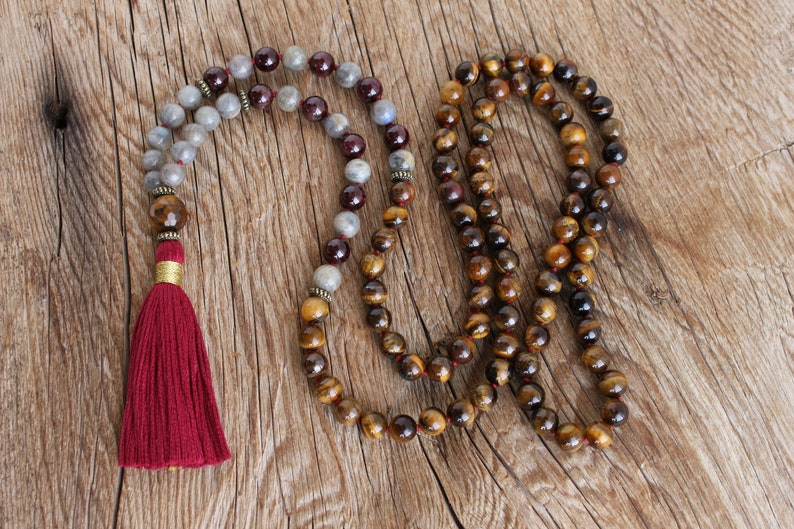 Tiger Eye, Labradorite, Garnet Yoga Mala. 108 beads. Handmade tassel. Vegan Mala.