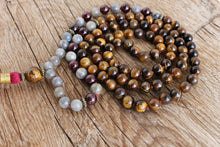 Load image into Gallery viewer, Tiger Eye, Labradorite, Garnet Yoga Mala. 108 beads. Handmade tassel. Vegan Mala.
