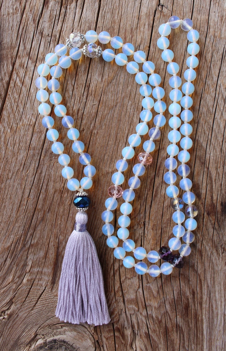 108 Opalite and Glass Beads Mala Necklace, Prayer Mala Beads, Long Vegan Cotton Tassel Mala, Hand knotted Necklace, Yoga gift for Her
