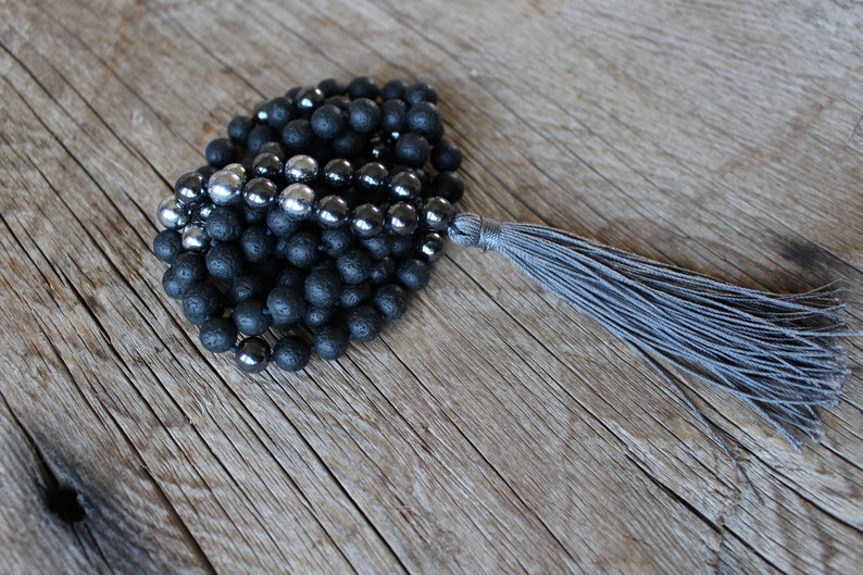 108 beads, Hand-knotted Yoga Mala, Lava stone, Hematite Mala. Handmade Long Tassel. Vegan mala.